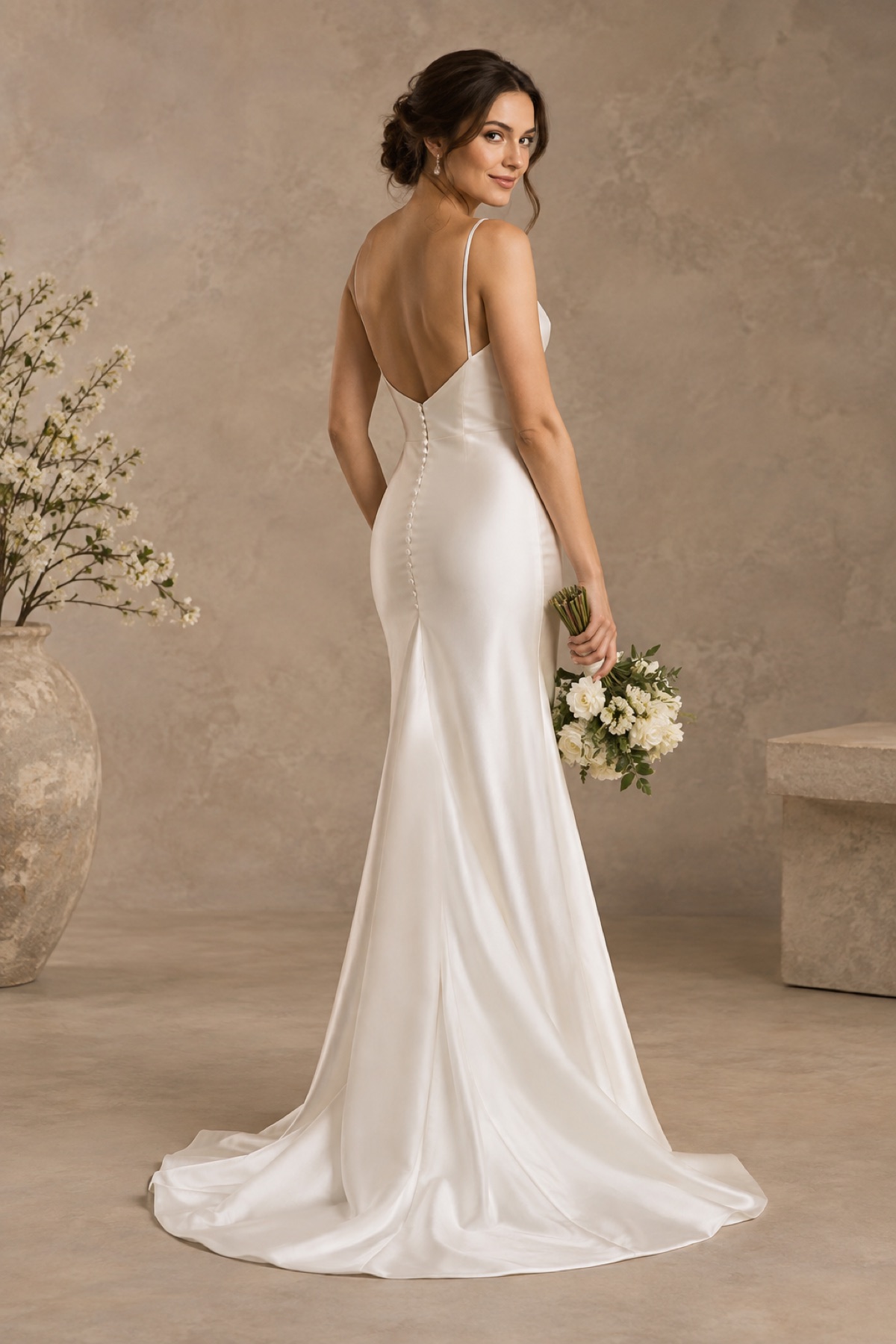 Bride in a fitted low-back wedding gown with a seamless silhouette