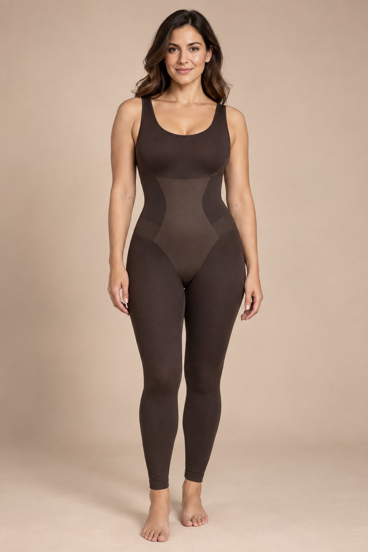 Compression garment showing waist shaping and tummy support zones